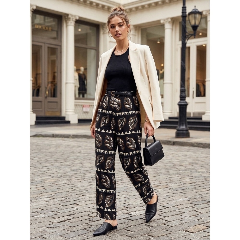 Andrea Jovine 90s vintage Black Abstract‎ Leaf Print Wide Leg Pants Small Rayon